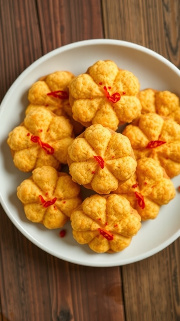 Savory cauliflower cookies with peperoncino flakes on a rustic plate.